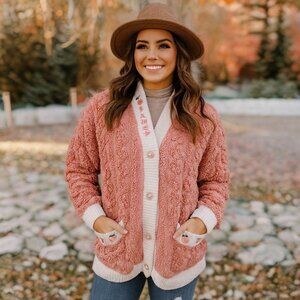 Vintage Sherpa Cardigan Sweater Embroidered Peach Pockets Cozy Pearl Buttons Lg